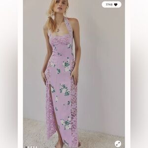 Free People Love You Most Printed Lace Fitted Side Slit Maxi Slip Dress M